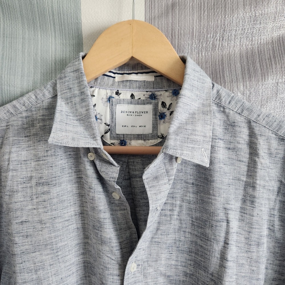 Denim & Flower Ricky Singh Mens‎ Large Grey Heathered Cotton Lyocell Button Down
